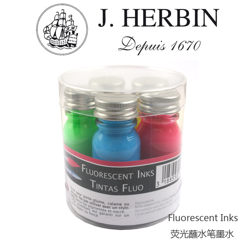 法国herbin 墨水 Fluorescent Inks 荧光 蘸水笔墨水 5支装