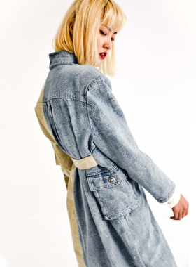 M0321原创2021秋冬拼接不对称复古牛仔皮男女同款长袖风衣通勤