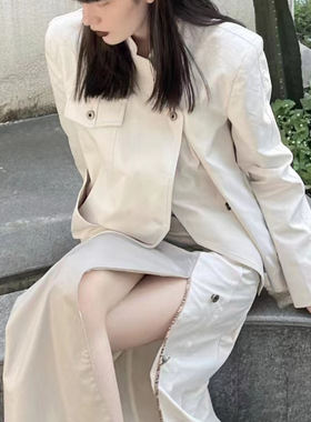 M0321 原创秋季纯色外套女 单排扣 不对称 米白色长袖夹克女