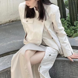 M0321 原创秋季纯色外套女 单排扣 不对称 米白色长袖夹克女