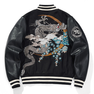 横须贺龙刺绣重工绣花夹克男棒球领外套情侣龙年皮袖 国潮中国风女
