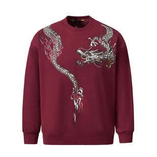 中国风国潮重工龙刺绣加绒圆领套头卫衣男个性 红色新年 宽松长袖