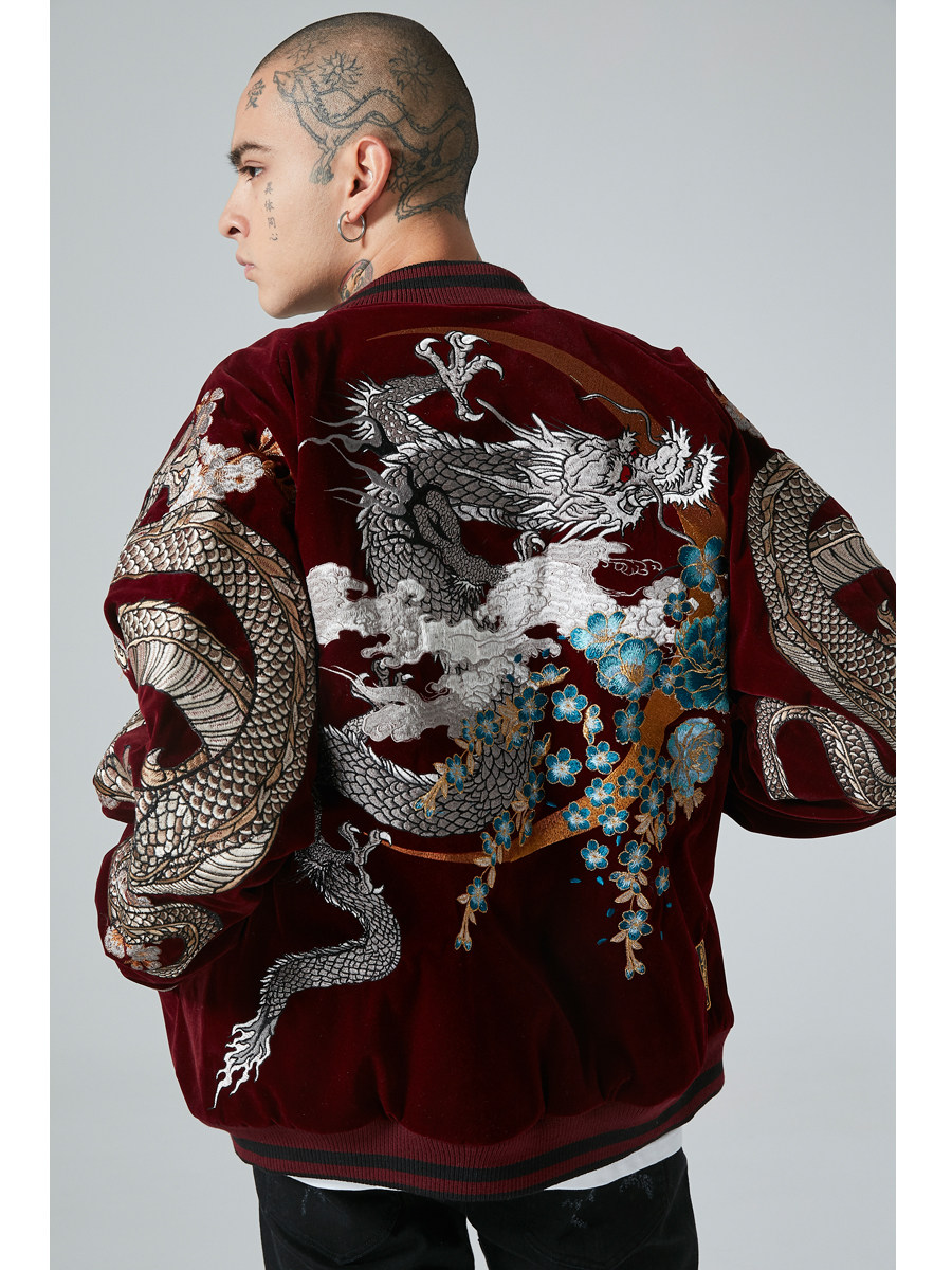 2024新年龙年红色刺绣龙外套夹克男士女本命年中国风棒球服横须贺