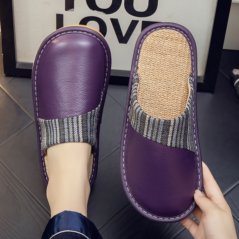 真皮包头亚麻牛皮凉拖鞋春秋冬季男女居家用室内防滑软底地板静音