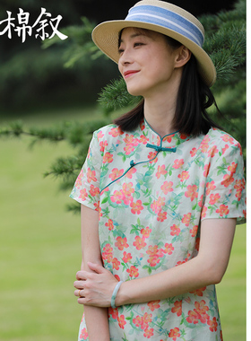 棉叙复古中国风连衣裙夏新装苎麻印花改良中式旗袍裙23187
