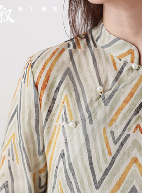 棉叙夏新款彩色连衣裙宽松中式日常复古盘扣短袖亚麻旗袍女11175