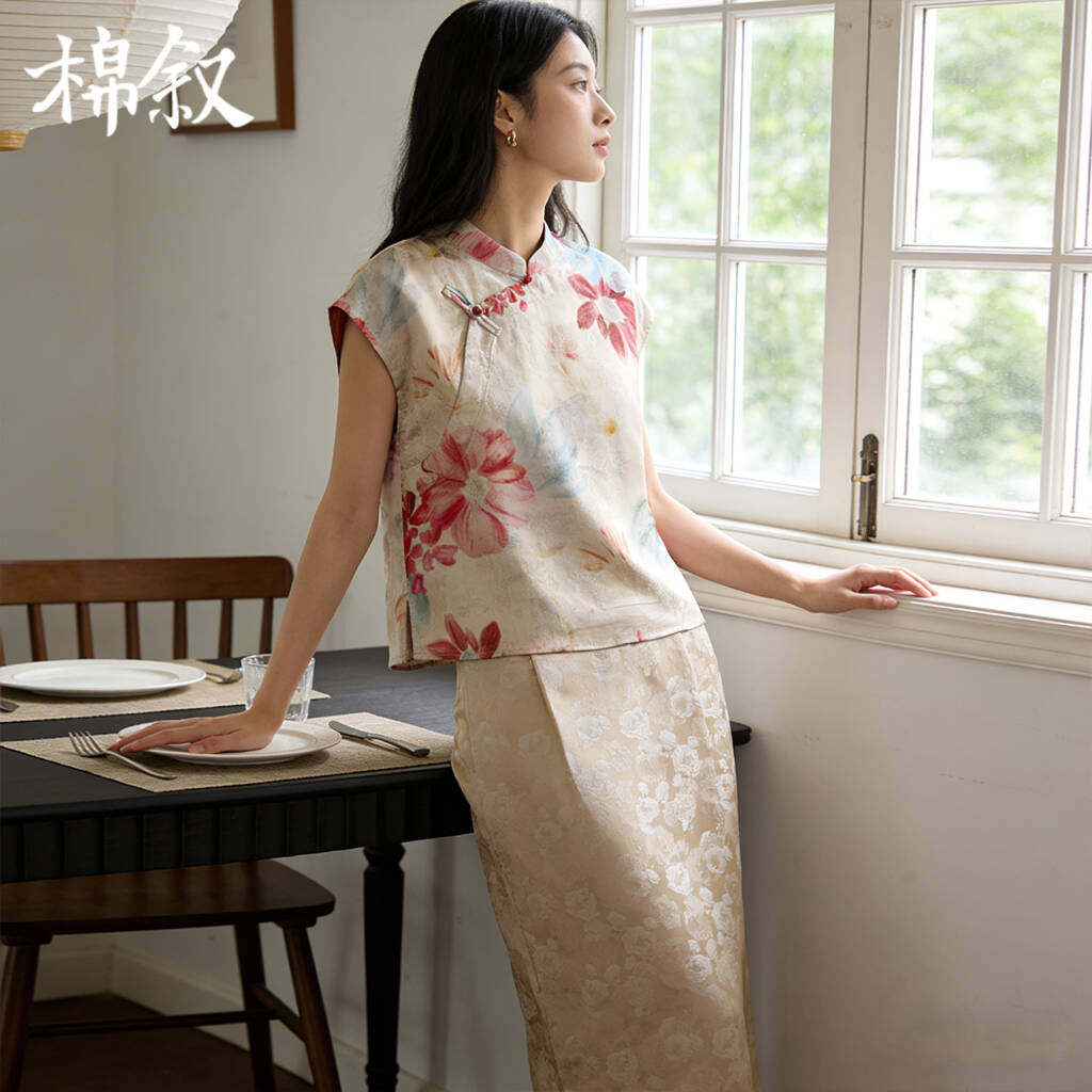 棉叙夏季女装新中式国风短袖衬衫斜襟立领盘扣上衣旗袍15762