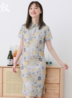 棉叙夏新中式复古茶服盘扣国风连衣裙显瘦亚麻短袖花旗袍女11090