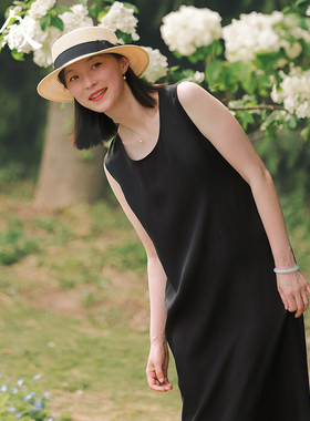 棉叙文艺简约小黑裙夏季新款休闲无袖连衣裙清凉纯色背心裙23176