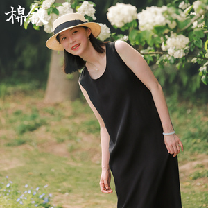 棉叙文艺简约小黑裙夏季新款休闲无袖连衣裙清凉纯色背心裙23176