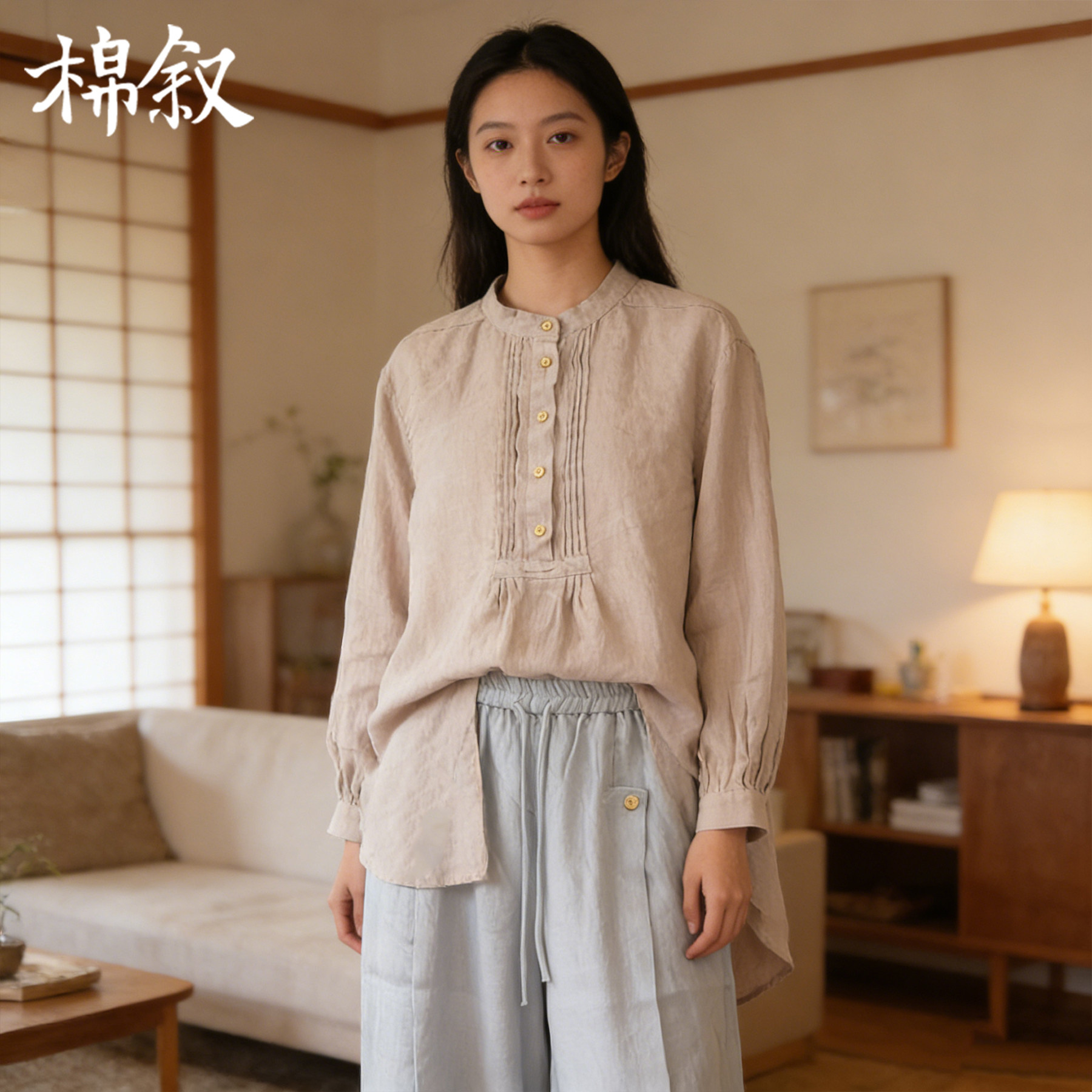 棉叙春款水果酵素汉麻衬衫女宽松文艺休闲长袖上衣16037