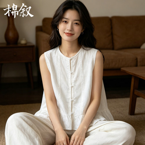 汉麻荷叶边无袖衬衫女装