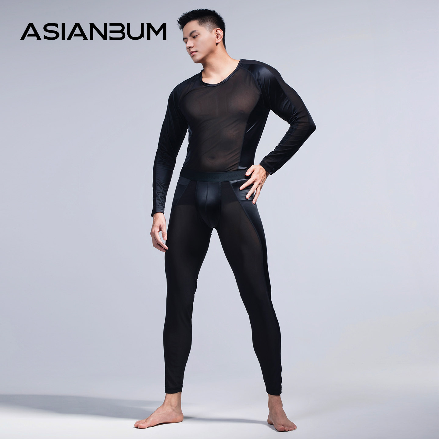 Asianbum丝滑网纱拼接打底套装