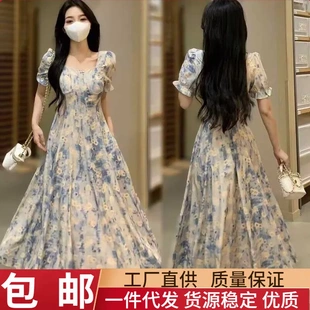 包邮 蓝色泡泡袖 新款 方领 初恋季 显瘦碎花连衣裙夏中长裙油画女法式