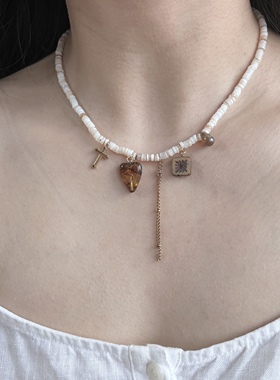 南西Handmade原创天然贝壳锁骨链古董捷克珠爱心十字架项链不掉色