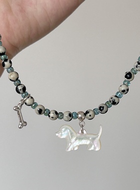 南西Handmade原创设计白蝶贝小狗项链s925银天然石串珠锁骨链礼物