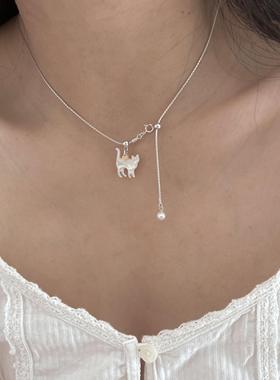 s925纯银天然白蝶贝猫咪项链