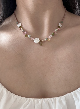 南西Handmade原创手作设计午后花园蝶贝玫瑰捷克珠锁骨链超仙礼物