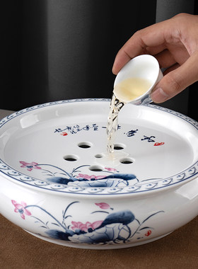 陶瓷10英寸青花中式潮州单独茶盘