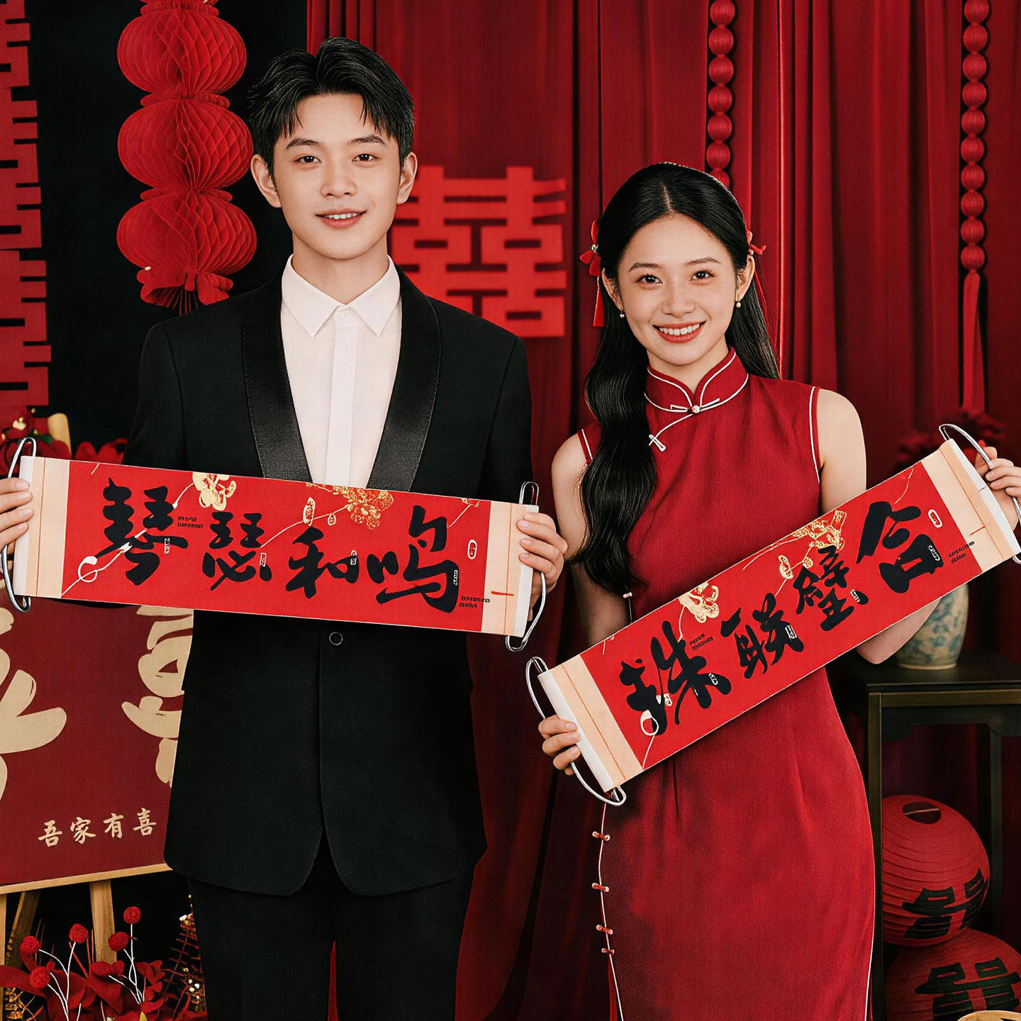 订婚大喜字手持拍照出片小道具结婚礼婚接亲女方新娘秀禾晨袍伴娘