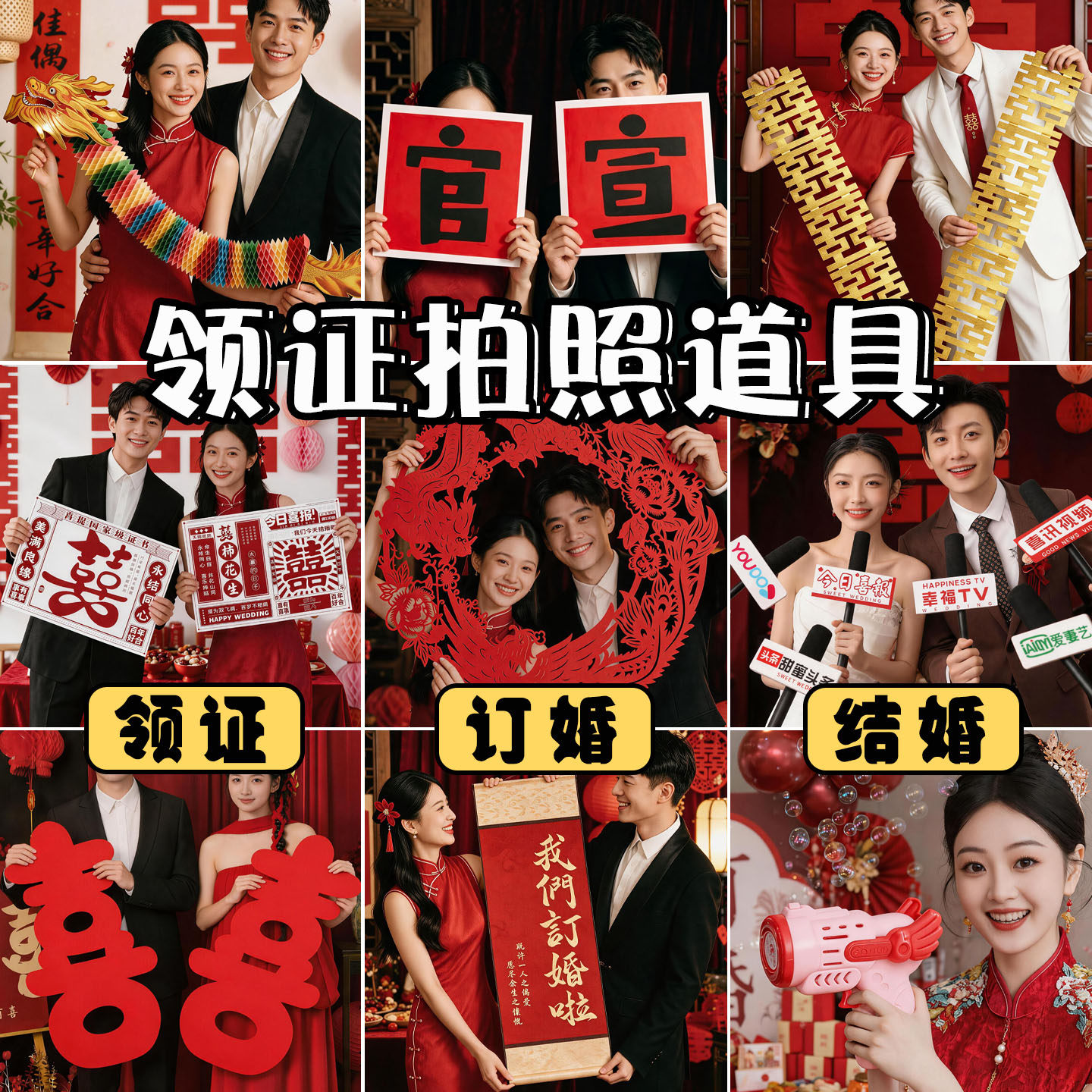 订婚大喜字手持拍照出片小道具结婚礼婚接亲女方新娘秀禾晨袍伴娘