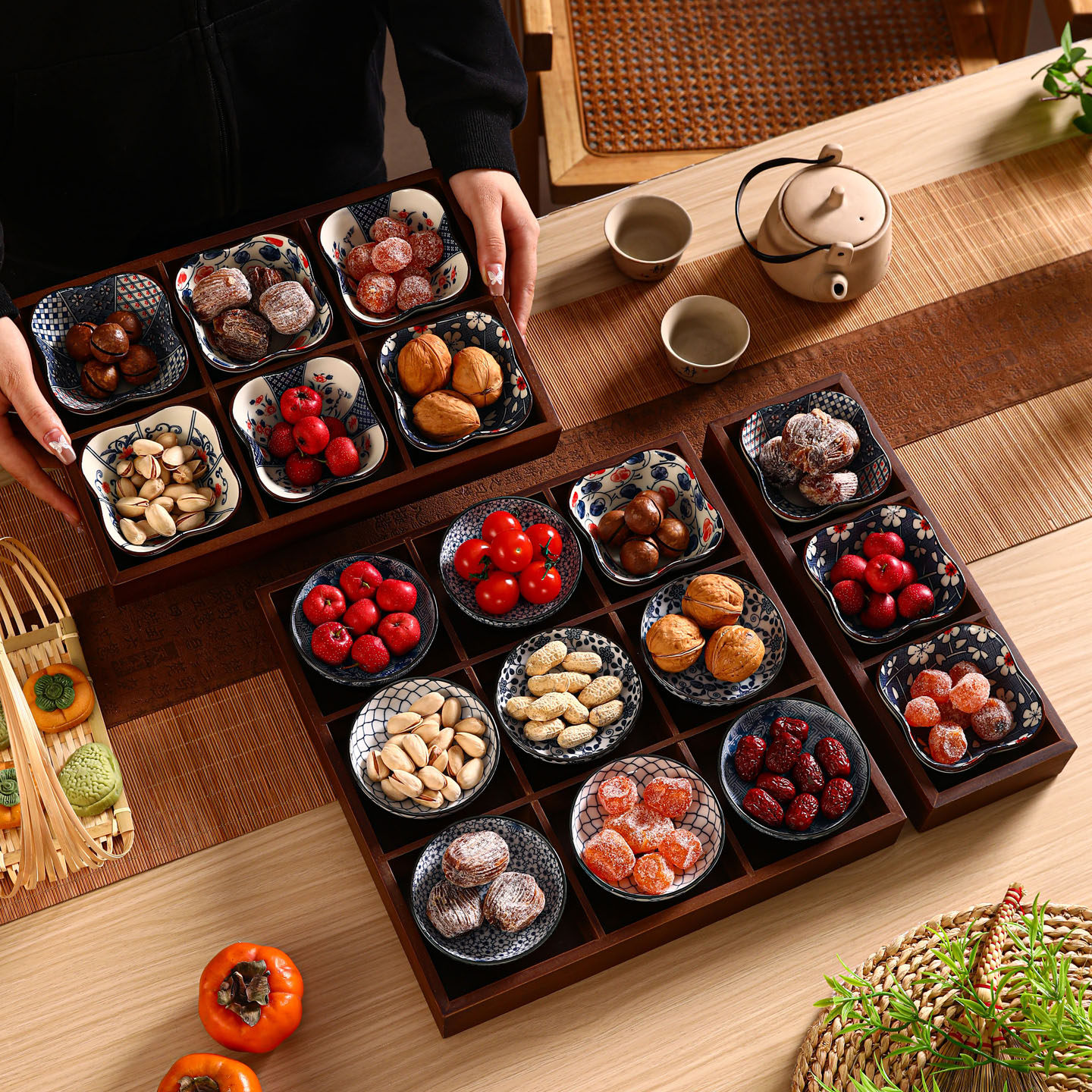 新年中古风干果盘九宫格茶几坚果零食摆放茶点心分格实木质糖果盒
