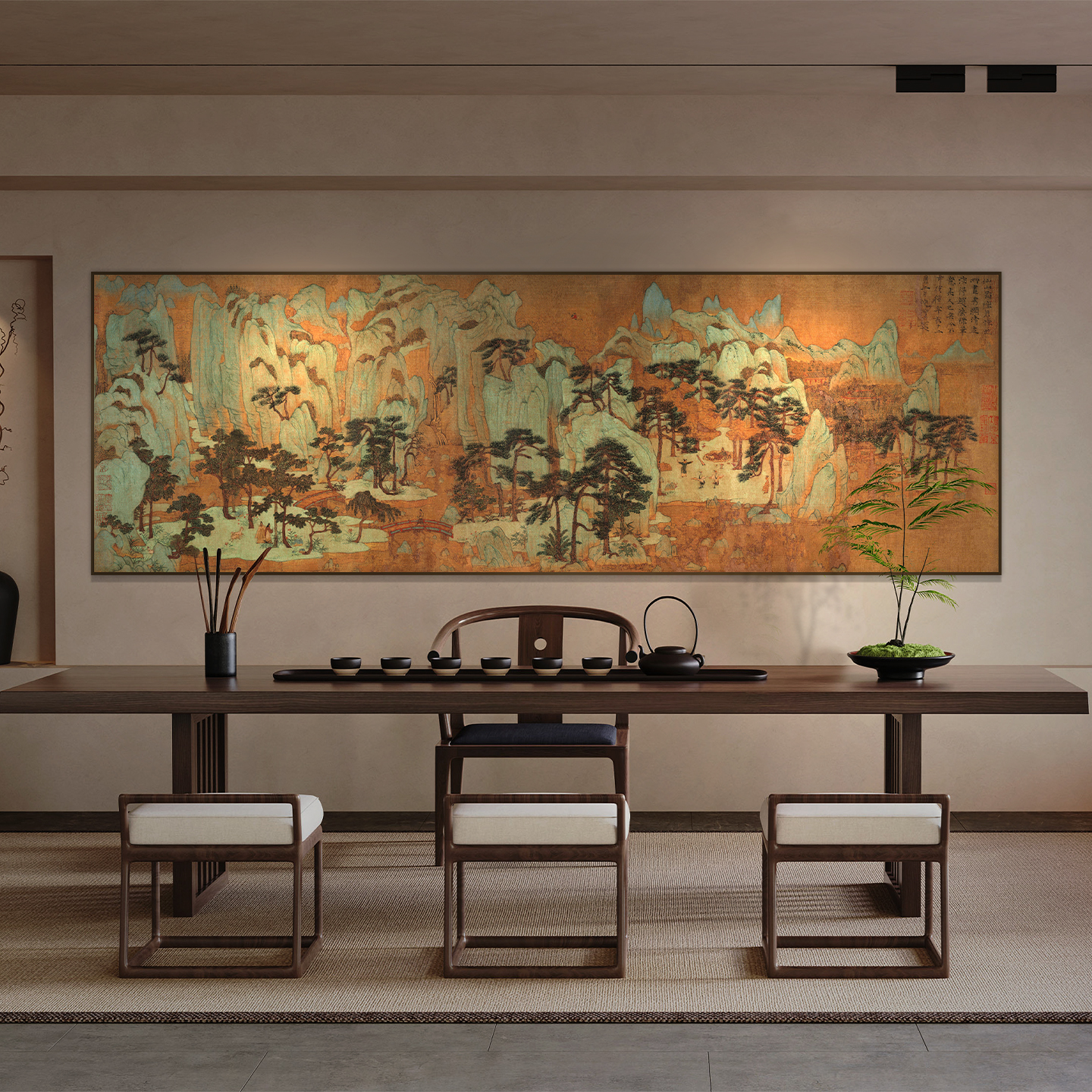 鎏金彩雕装饰画茶室书房卧室山水画横幅挂画酒店高端定制金箔画