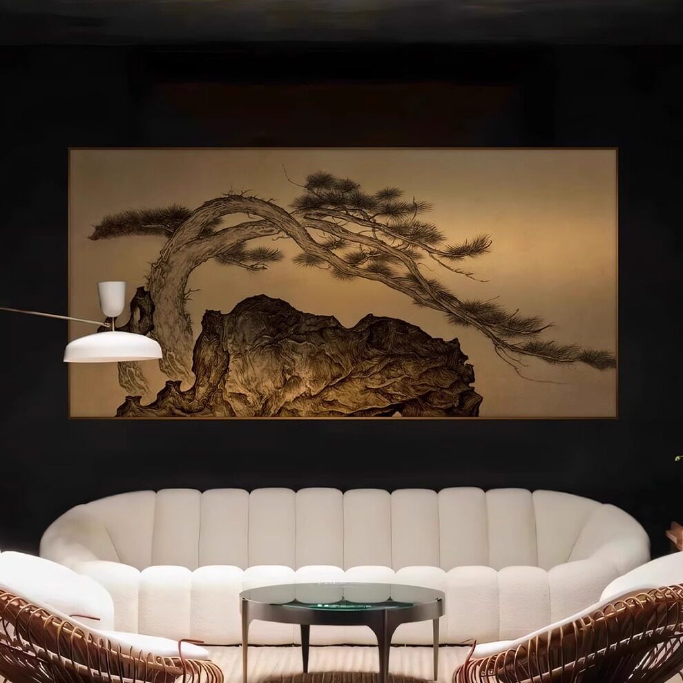 鎏金彩雕装饰画酒店大堂餐厅走廊高端定制禅意美学松树奇石挂画