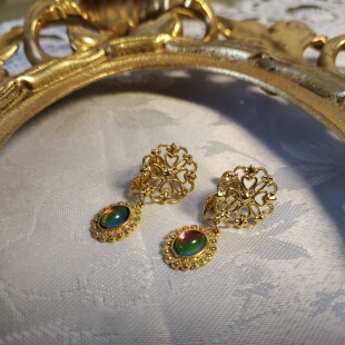 店铺独立设计铜镀金vintage幻彩宝石人造水晶耳夹耳环