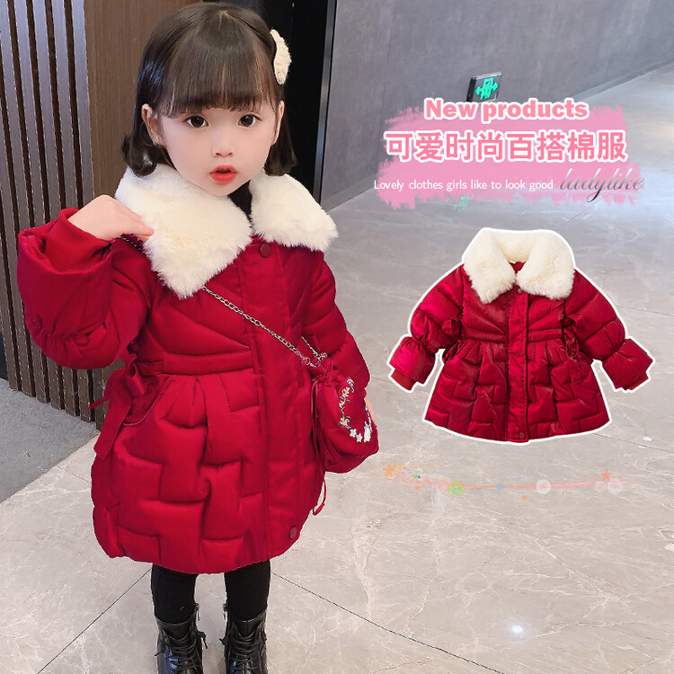 女童红色毛领棉服冬季加厚中长款洋气棉衣女宝宝冬装外套