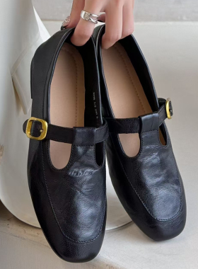 烟雨诗情2026春季新款英伦风牛皮真皮一字扣带浅口单鞋女鞋828061