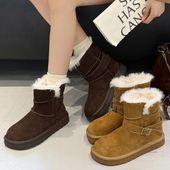 美拉女鞋 厚底棉靴子2025冬新款 欧洲站磨砂皮真皮圆头套筒女雪地靴