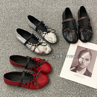 烟雨诗情2026春款舒适牛皮真皮蝴蝶结软底圆头平底鞋单鞋女鞋2653