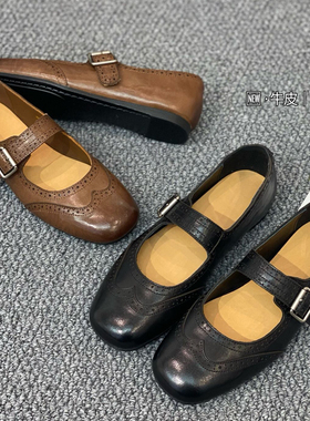 烟雨诗情2026年春季新款英伦风牛皮真皮一字扣带浅口单鞋女鞋4520