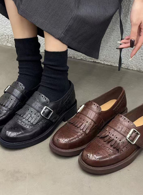 美拉女鞋真皮单鞋2025年春季英伦风牛皮布洛克鞋复古小皮鞋3298-6
