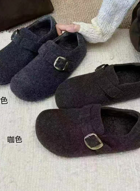 晶品晶典2025年冬季新款英伦风舒适加绒平底鞋勃肯鞋棉鞋女鞋3358