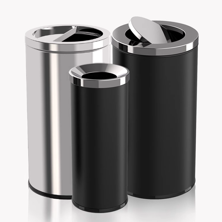 酒店圆形翻盖垃圾桶加高黑色不锈钢大号立式商场电梯口摇盖果皮箱