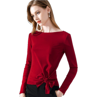 长袖t恤女秋季基本款纯色蝴蝶结绑带一字肩上衣假领子女新款