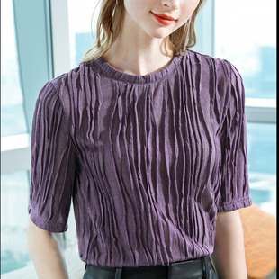 五分袖t恤女2024春新款圆领气质条纹褶皱设计感中袖上衣假领