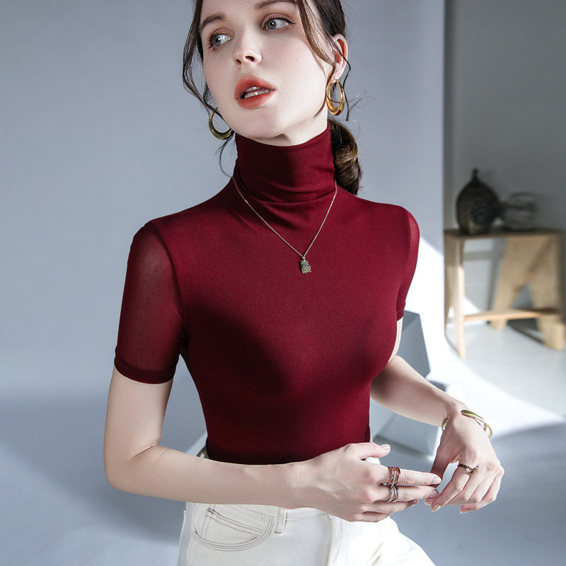 短袖t恤女高领网纱打底衫纯色紧身上衣白色黑色百搭假领子 女