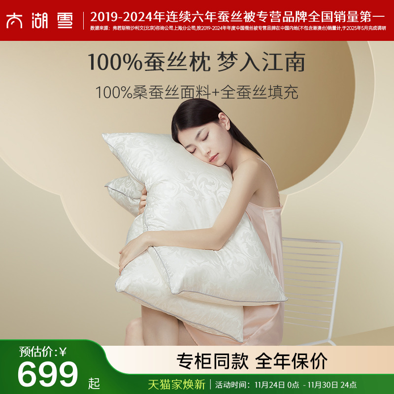 【专柜同款】太湖雪全蚕丝枕头单人带枕套真丝枕芯一只装48×74cm