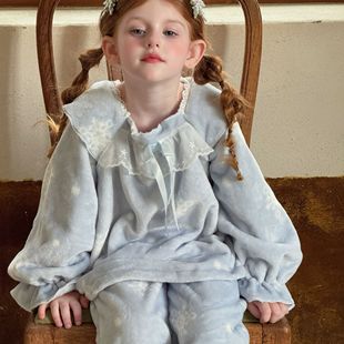 原创女童法兰绒套头套装 女孩蕾丝爱莎保暖甜美家居服 2025秋冬新款