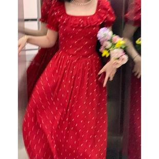 三个裁缝【春日来信】法式复古方领气质红色短袖连衣裙女夏季新款