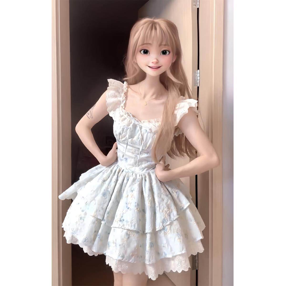 樱织花翎小飞袖温柔碎花连衣裙女夏日绝美公主蛋糕裙收腰蓬蓬裙子