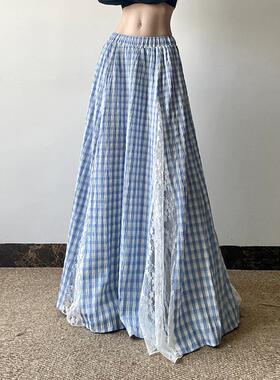 gagaopt自制新款蕾丝花边拼接蓝色格纹半身裙松紧腰显瘦A字长裙秋