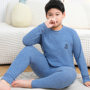 羊绒蚕丝保暖内衣套装磨毛胖童加大加宽男童秋衣秋裤中大童打底衫