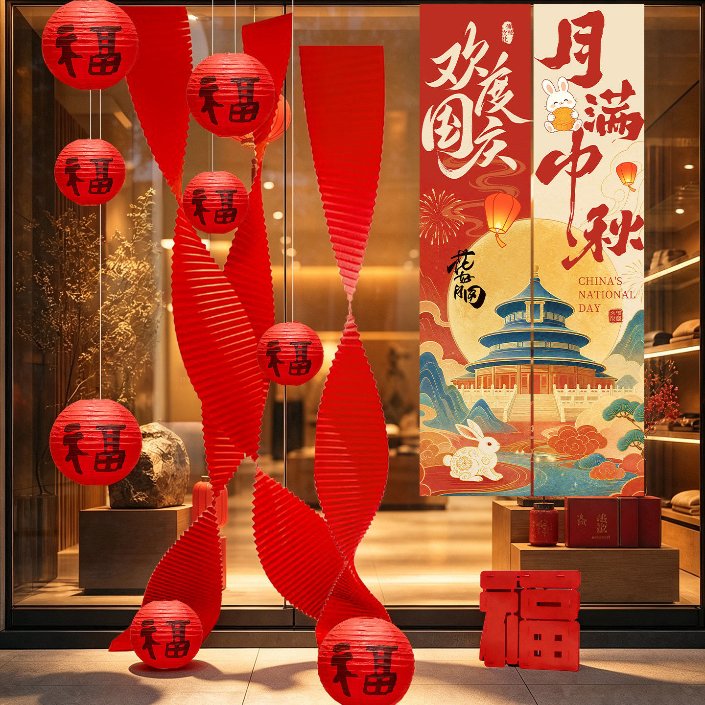 中秋国庆店铺条幅背景布灯笼挂饰图片