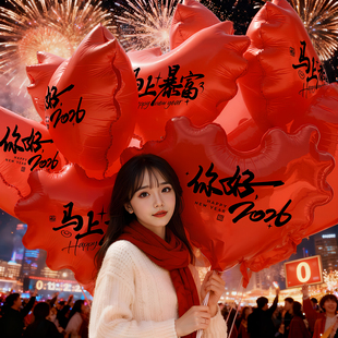 新年放飞爱心气球装饰场景布置过年氛围心形铝膜带字春节拍照道具