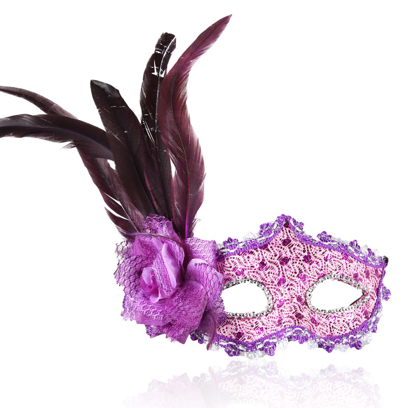 仕彩 万圣节皮革侧边长羽毛侧花面具舞会派对聚会威尼斯公主面具