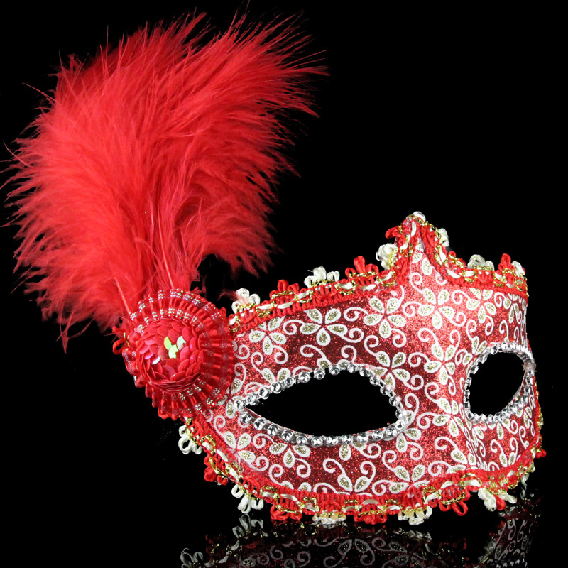 仕彩 万圣节皮革侧边长羽毛侧花面具舞会派对聚会威尼斯公主面具